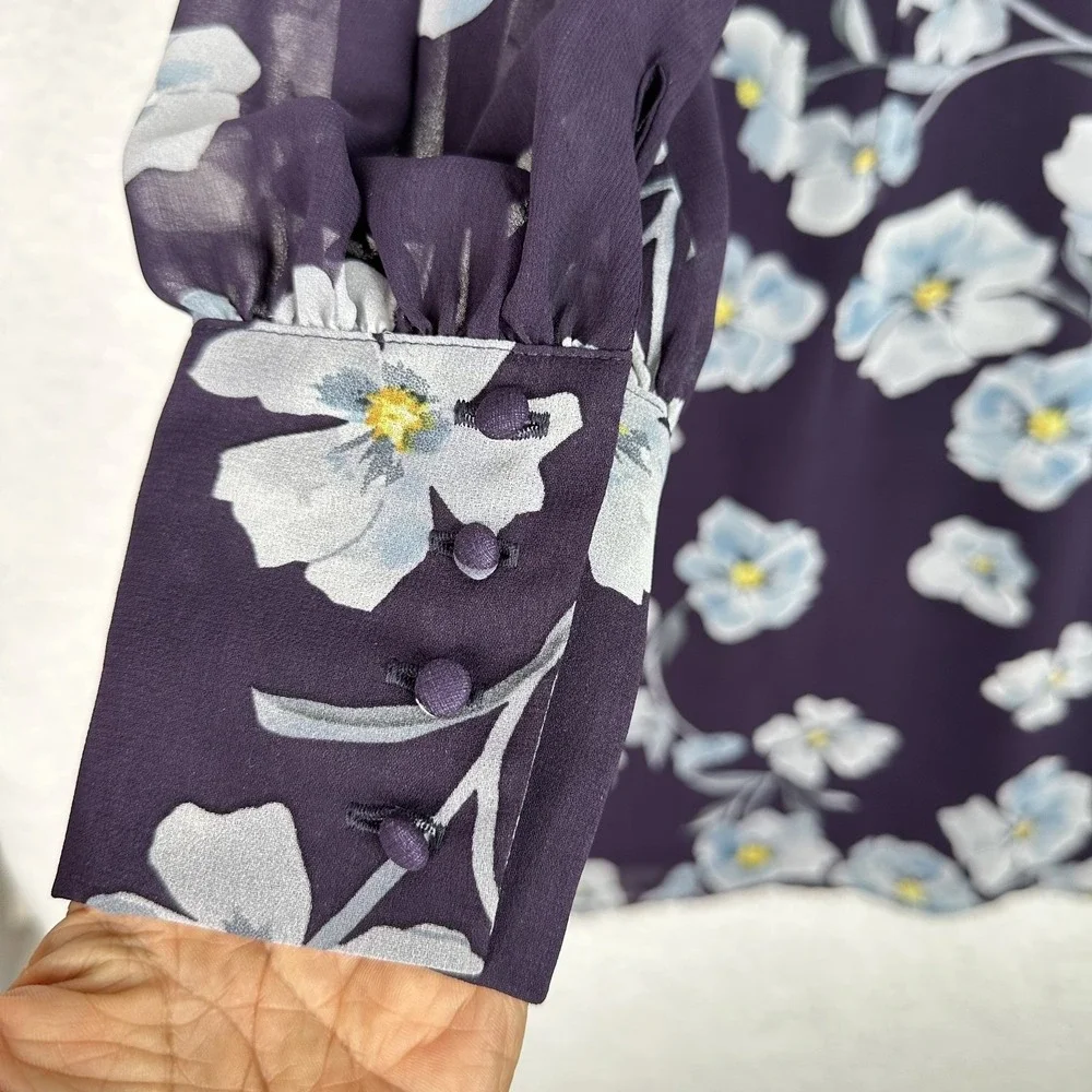 Cabi Ellery Dress Women M Purple Floral Sheer Sleeve Lined A-Line #4018 Feminine